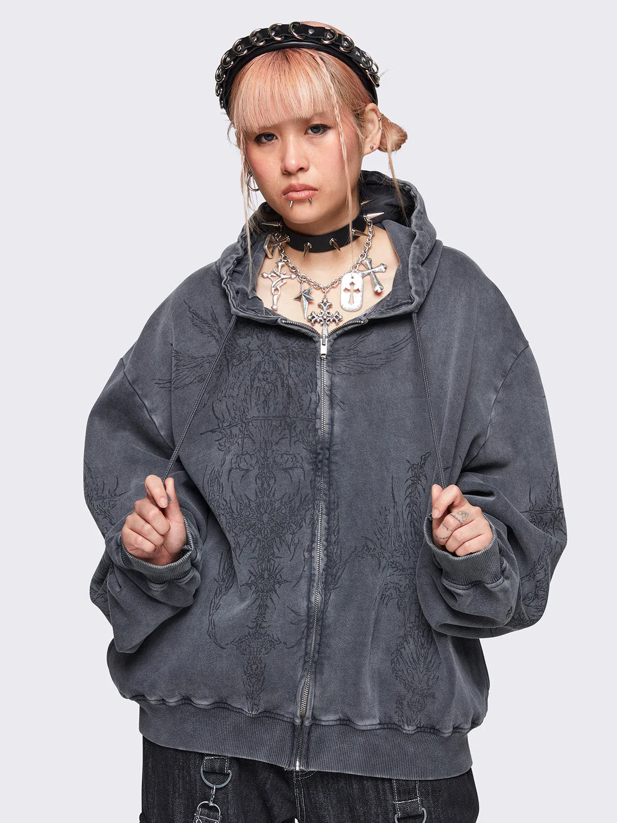 Enigmatic Grey Washed Zip Up Hoodie