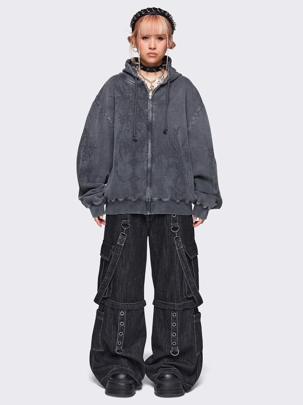Enigmatic Grey Washed Zip Up Hoodie