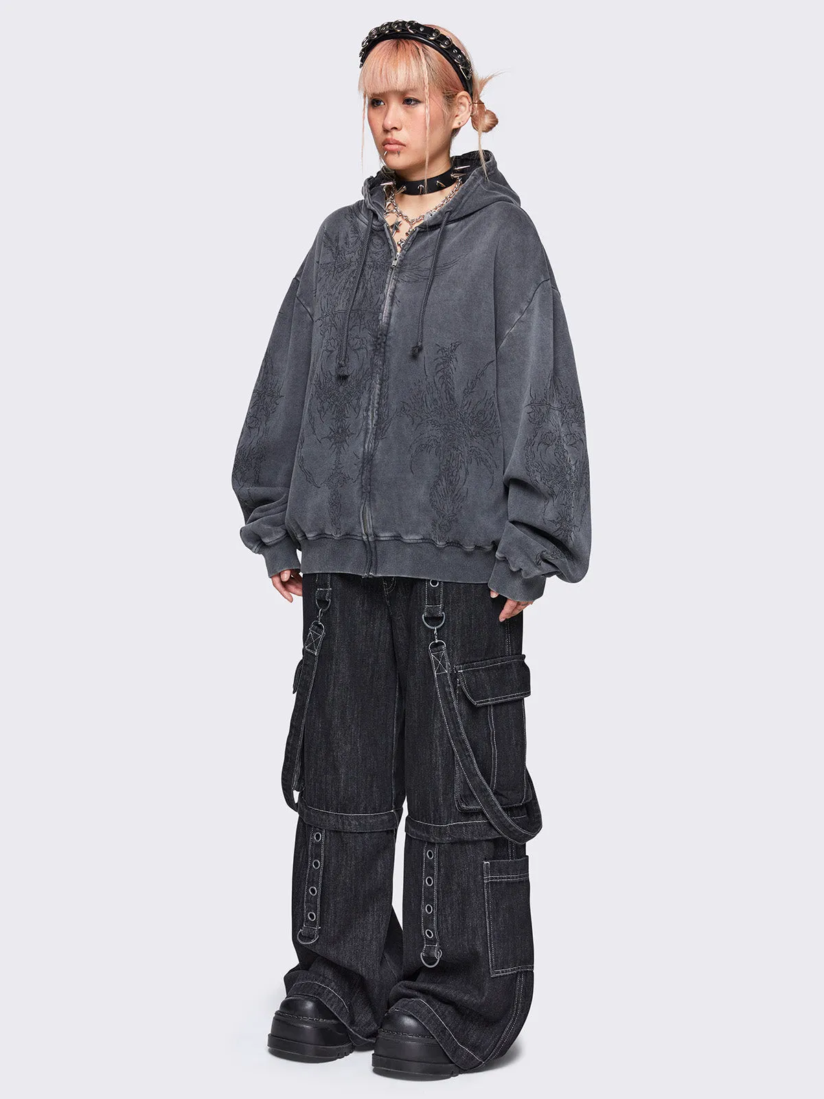 Enigmatic Grey Washed Zip Up Hoodie