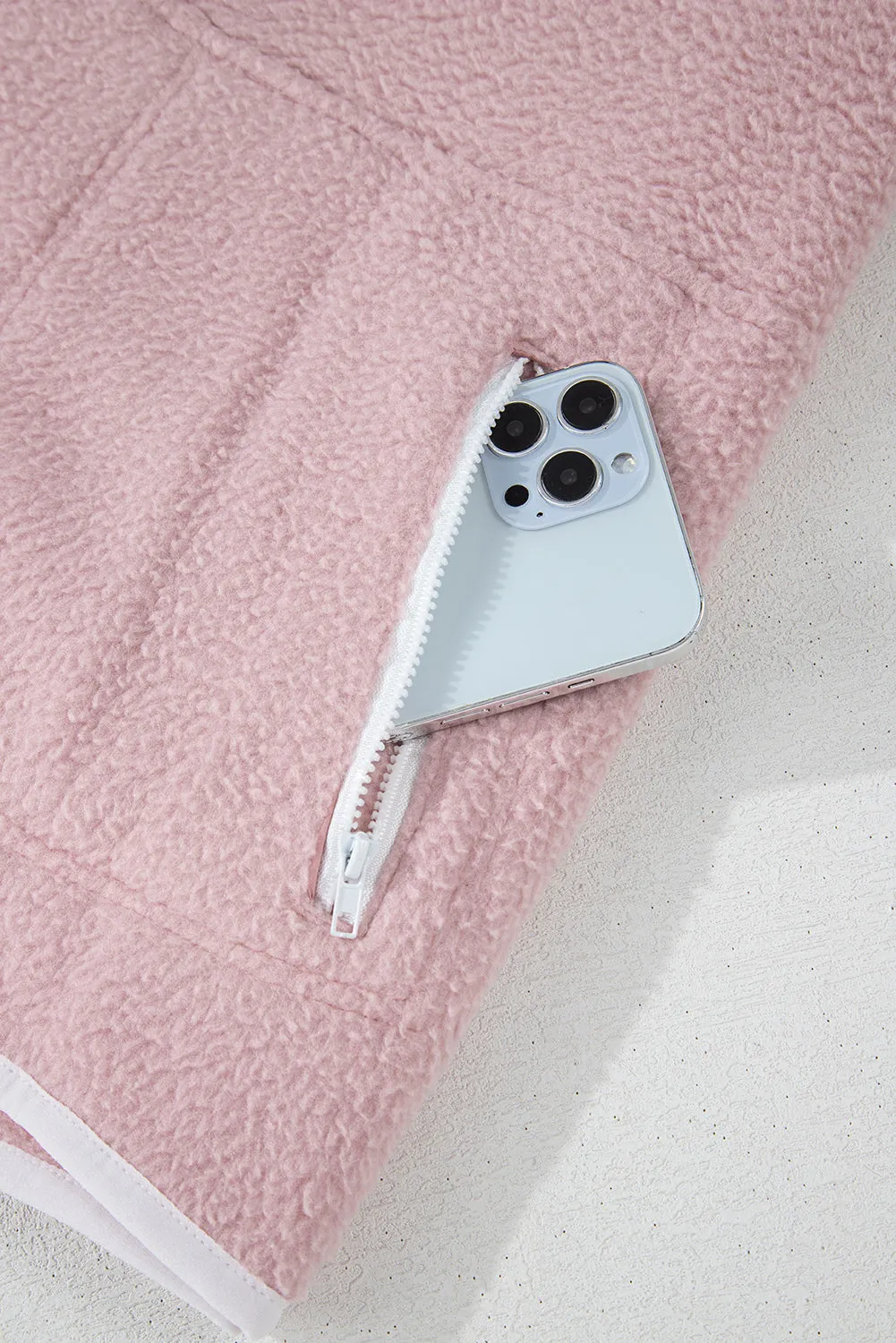 Fushia Stand Neck Half Button Zip Pocket Plush Sweatshirt