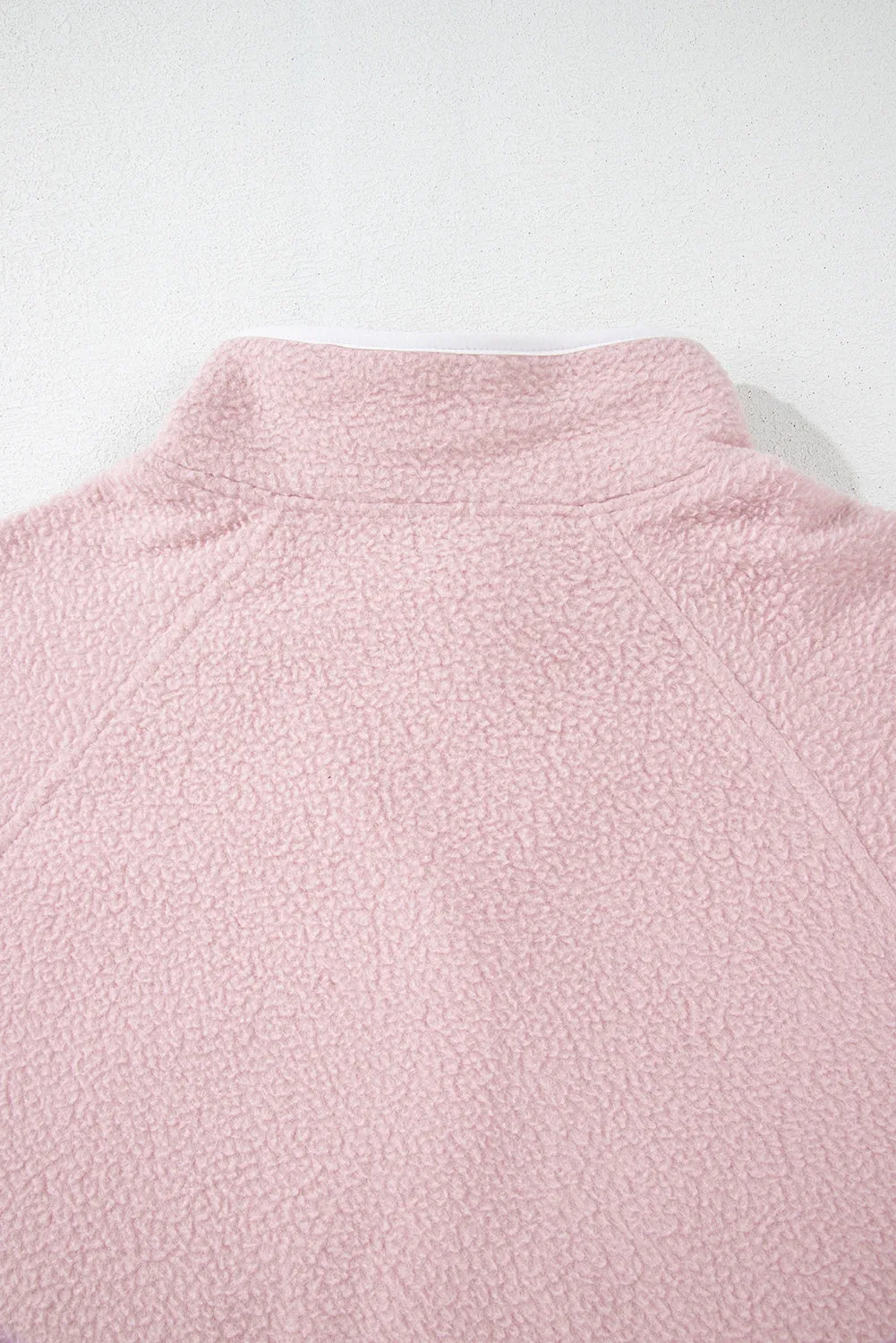 Fushia Stand Neck Half Button Zip Pocket Plush Sweatshirt