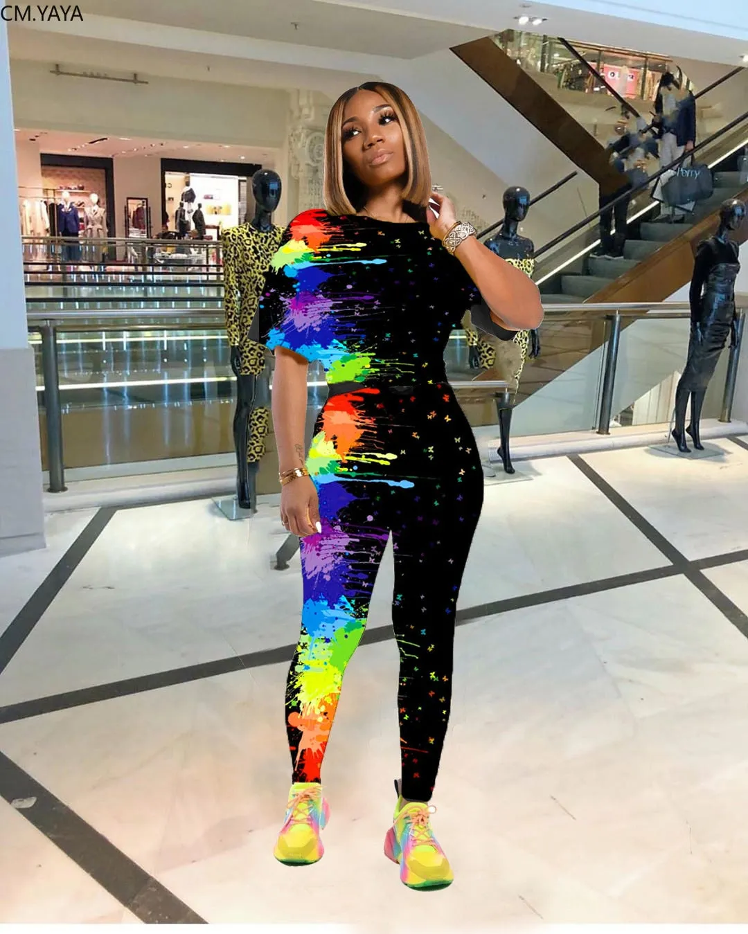Galaxy Print Women's Set Short Sleeve Top Jogger Pants Suit Active Wear Tracksuit Two Piece Set