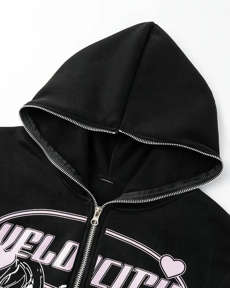 Harajuku Print Zip Up Hoodie