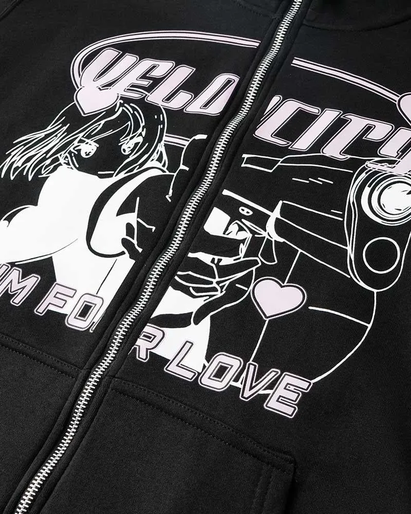 Harajuku Print Zip Up Hoodie