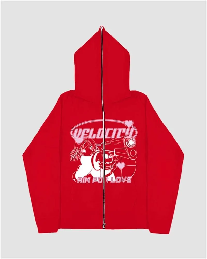 Harajuku Print Zip Up Hoodie