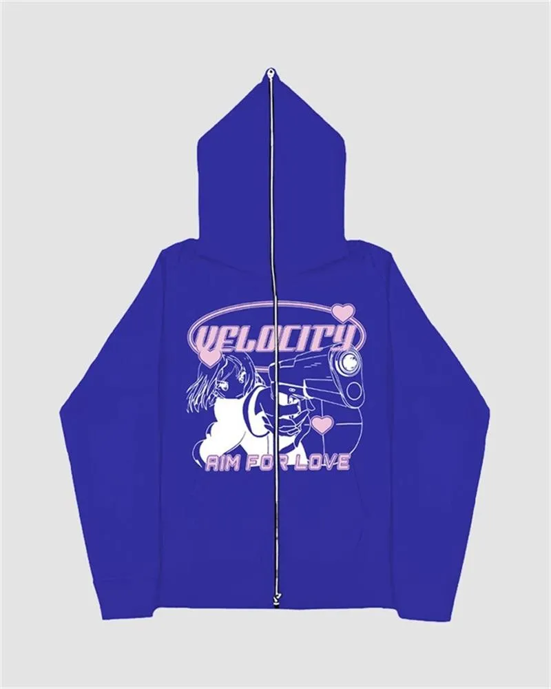 Harajuku Print Zip Up Hoodie