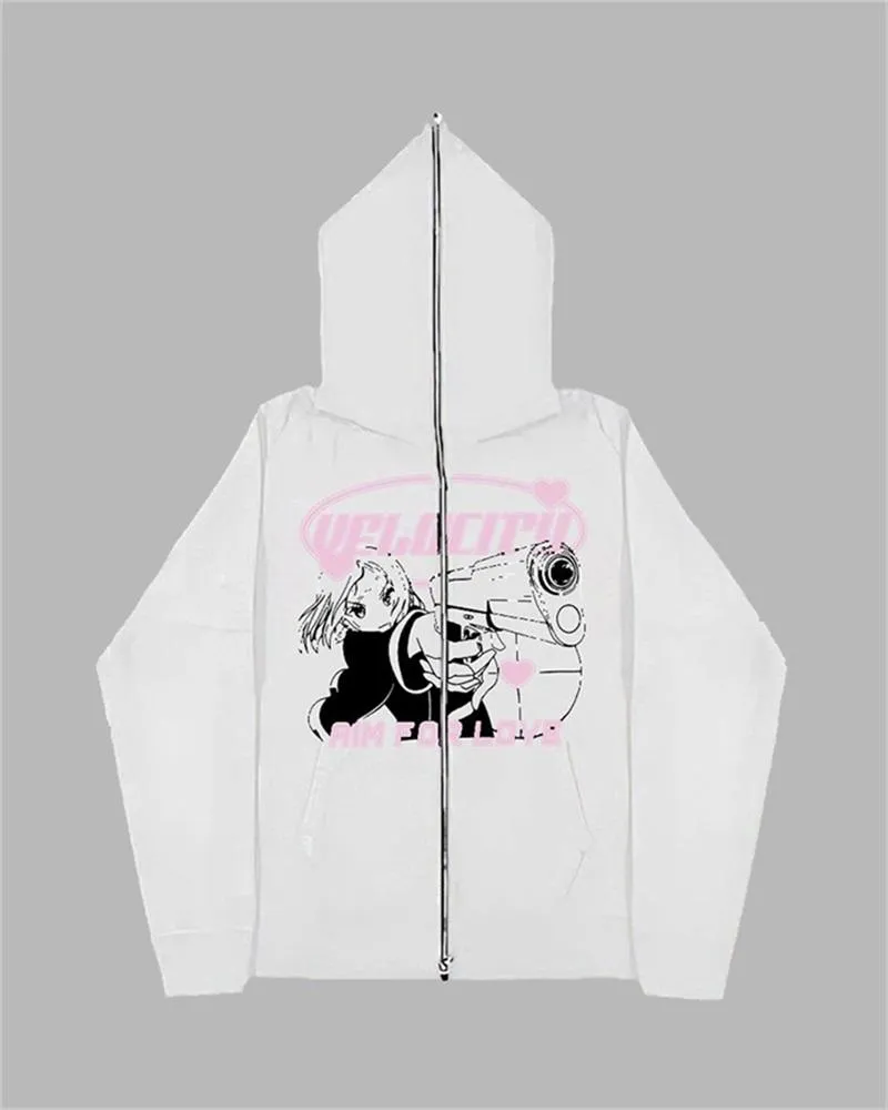 Harajuku Print Zip Up Hoodie