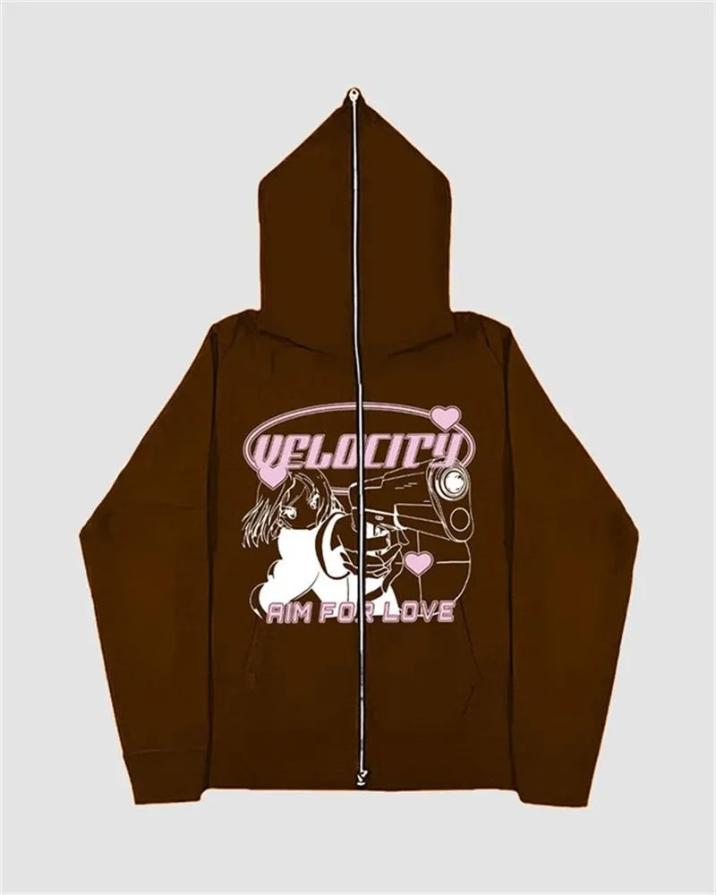 Harajuku Print Zip Up Hoodie