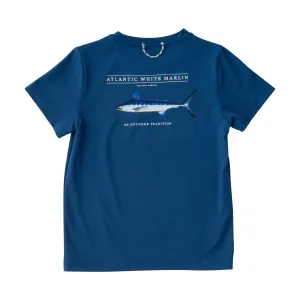 Kids Pro Performance Short Sleeve Fishing T-shirt in Set Sail Navy Blue with White Marlin Fish