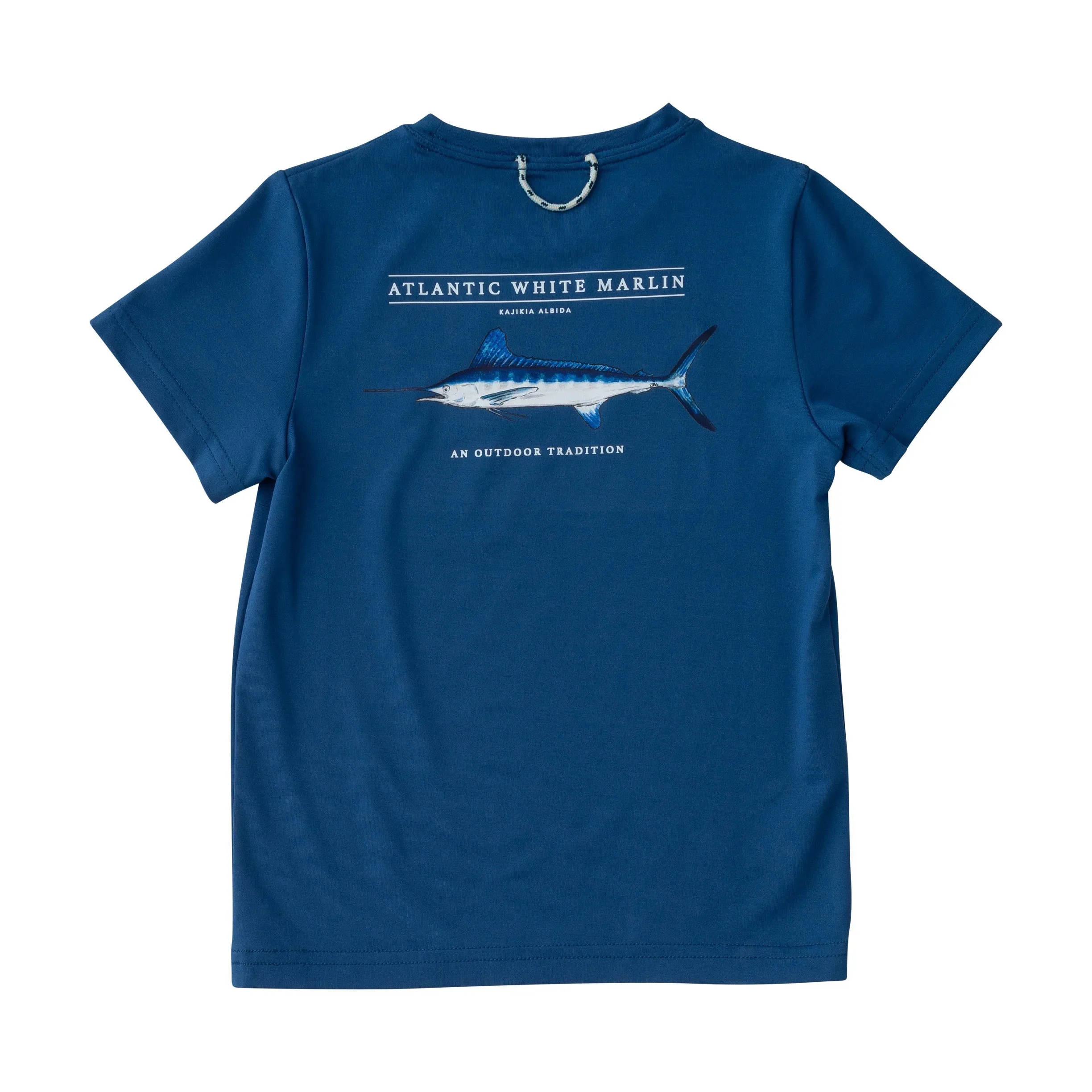 Kids Pro Performance Short Sleeve Fishing T-shirt in Set Sail Navy Blue with White Marlin Fish