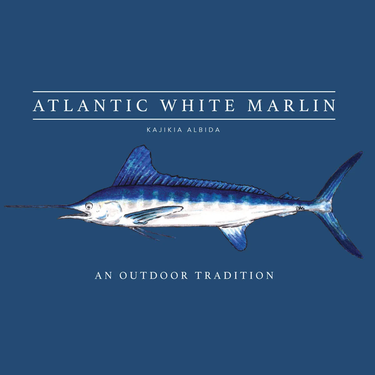 Kids Pro Performance Short Sleeve Fishing T-shirt in Set Sail Navy Blue with White Marlin Fish