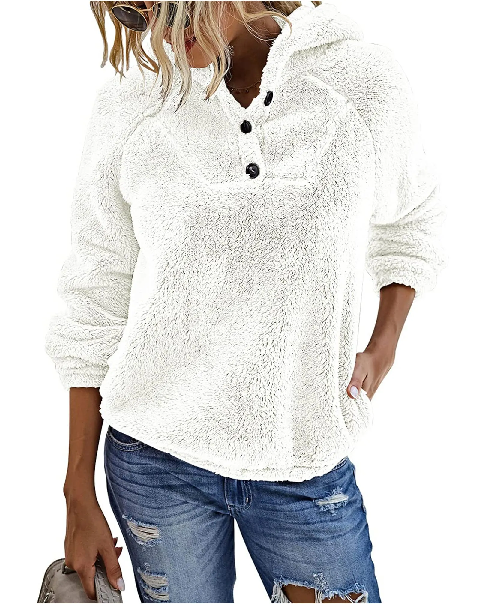KIRUNDO Women's 2024 Winter Fuzzy Fleece Hoodies Sweatshirts Casual Long Sleeves Shaggy Sherpa Pullover With Pockets