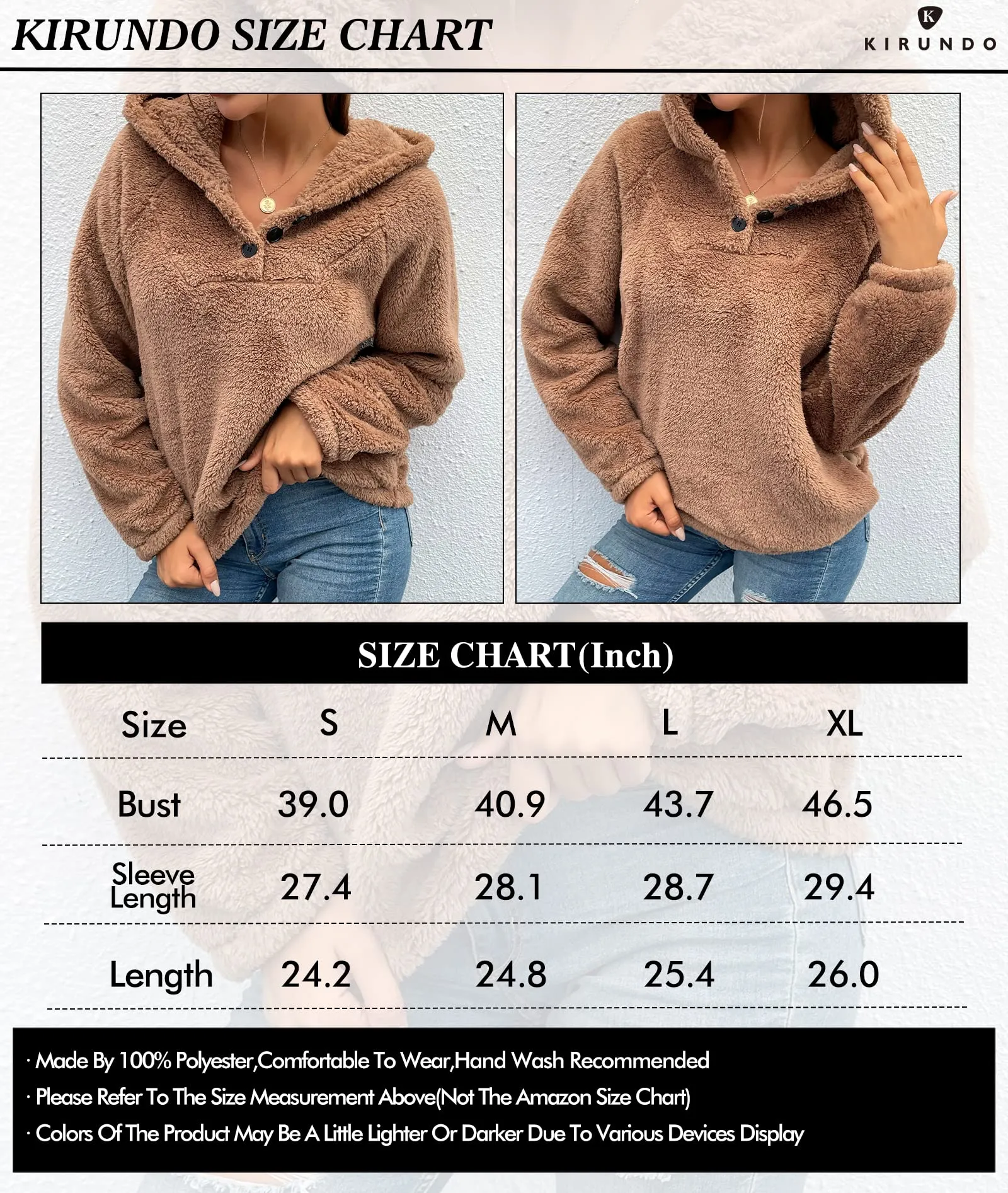 KIRUNDO Women's 2024 Winter Fuzzy Fleece Hoodies Sweatshirts Casual Long Sleeves Shaggy Sherpa Pullover With Pockets