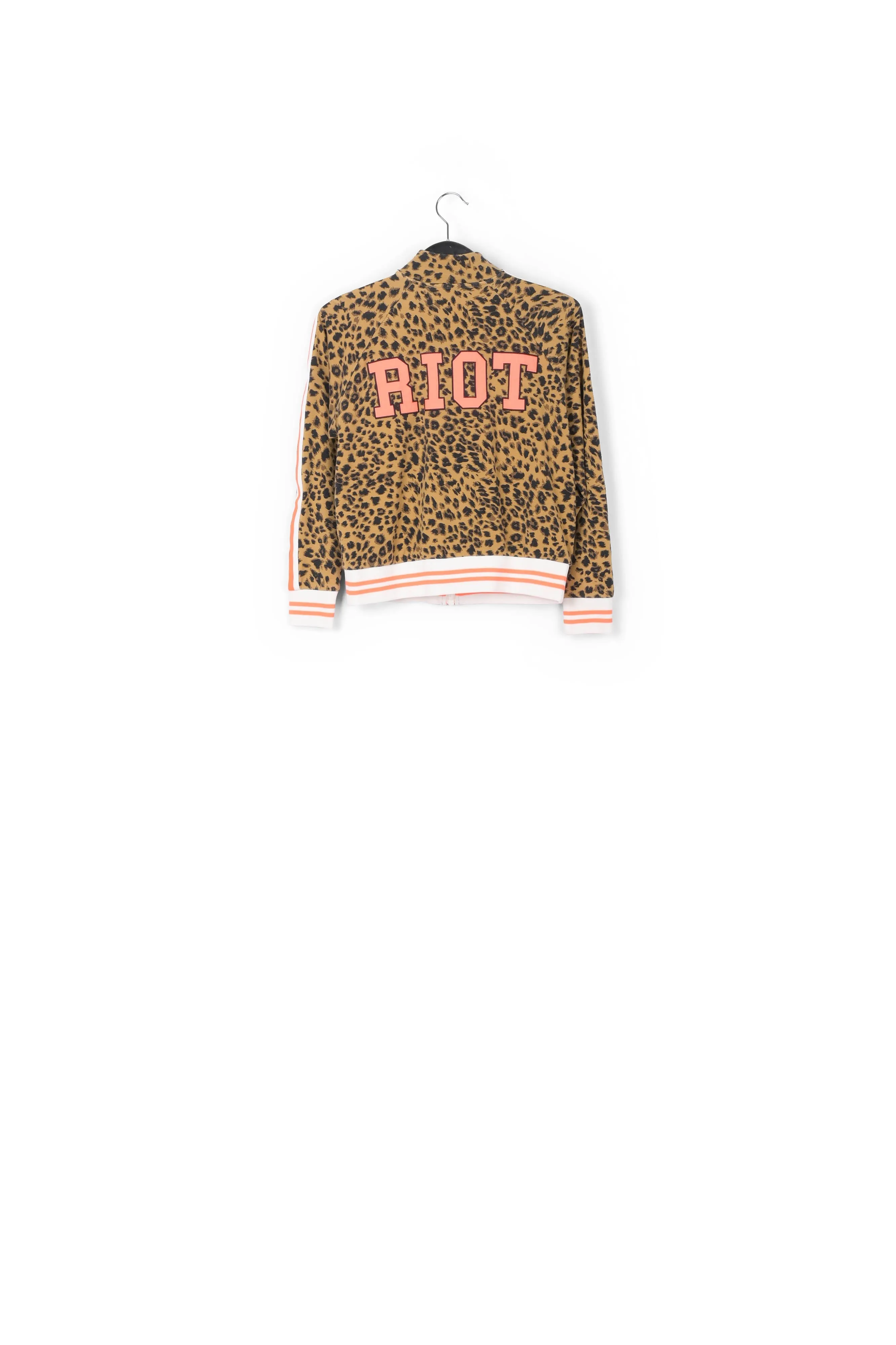 Leopard-print track jacket with 'riot' slogan