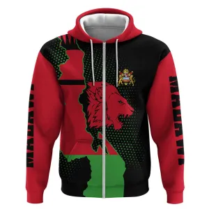 Malawi Lion Map Flag Zip Hoodie Wildlife Fusion Design TS04