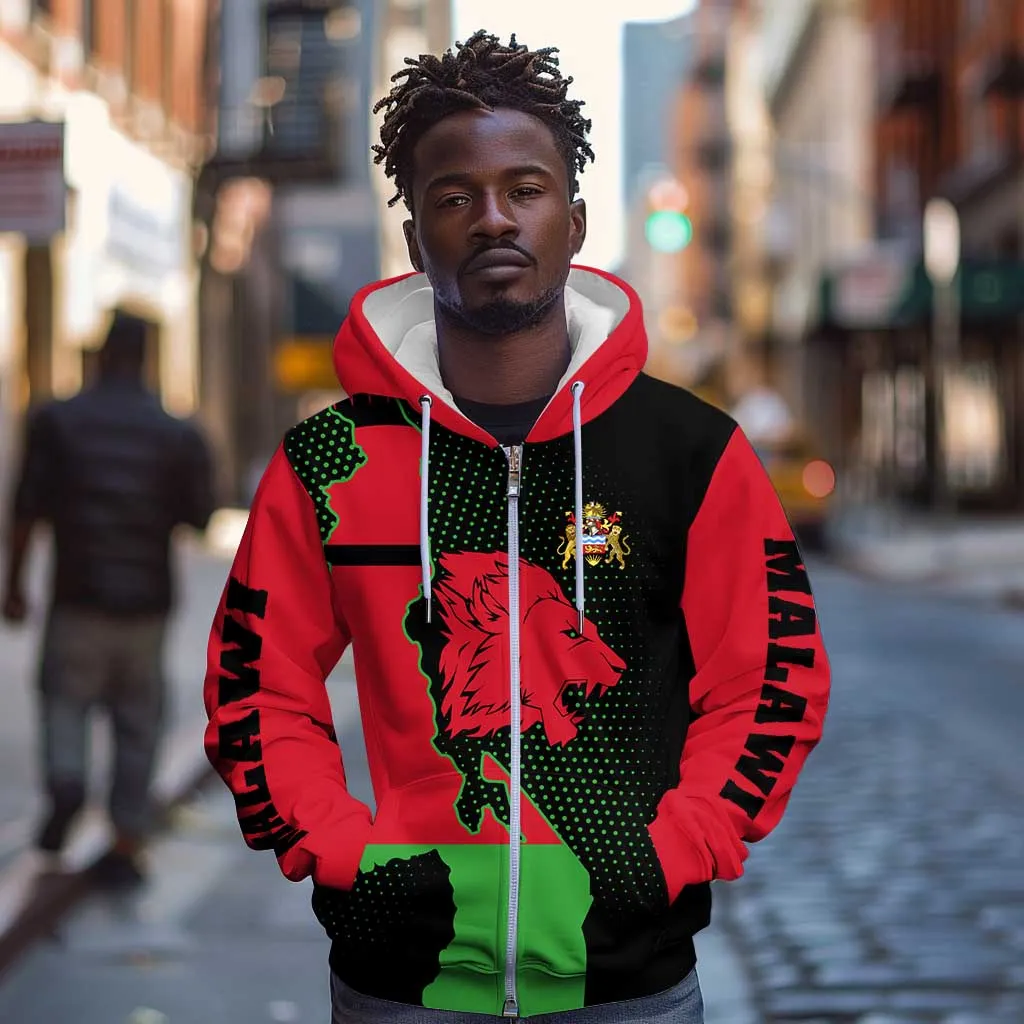 Malawi Lion Map Flag Zip Hoodie Wildlife Fusion Design TS04