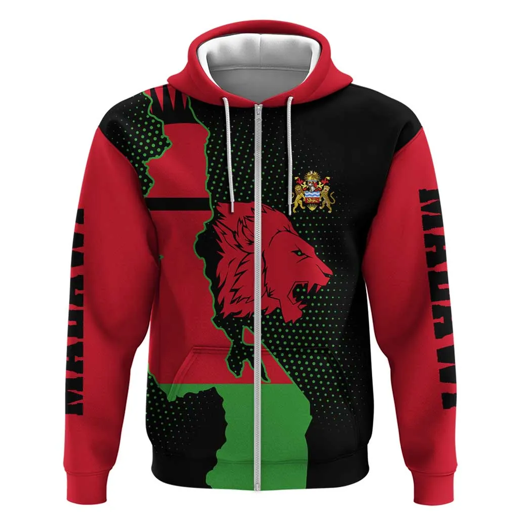 Malawi Lion Map Flag Zip Hoodie Wildlife Fusion Design TS04