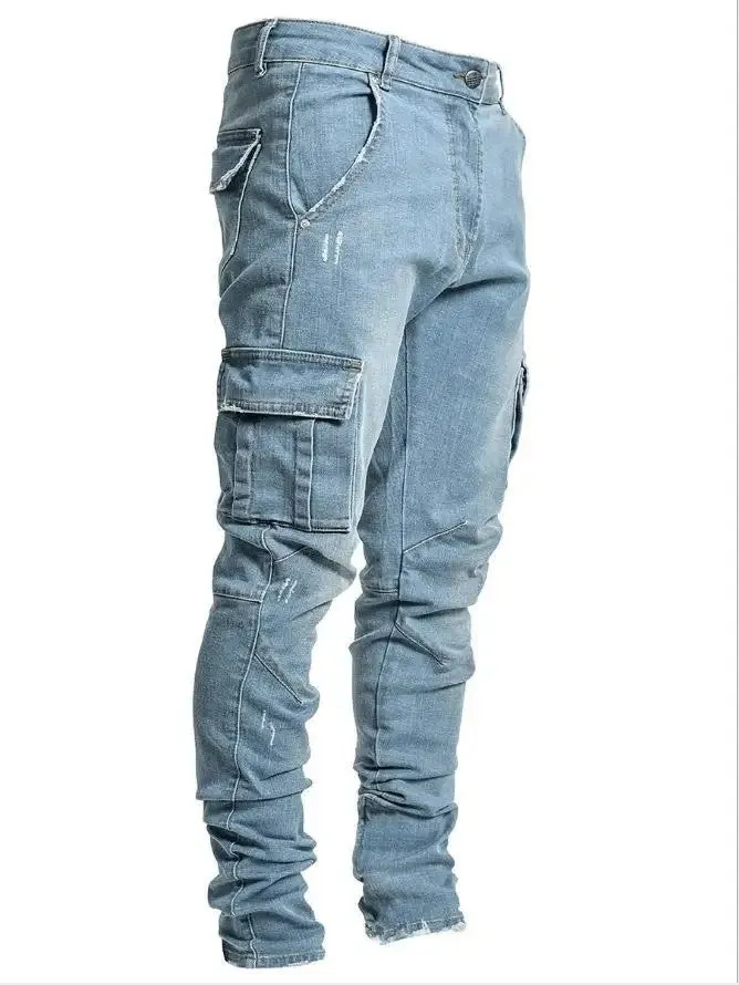 Men's Cargo Pants Trendy Slim Fit Skinny Jeans Korean Style Fashionable Personality Jogger Pants Ins Tight Pocket Pants