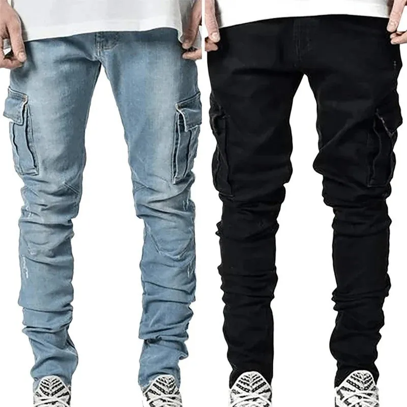 Men's Cargo Pants Trendy Slim Fit Skinny Jeans Korean Style Fashionable Personality Jogger Pants Ins Tight Pocket Pants