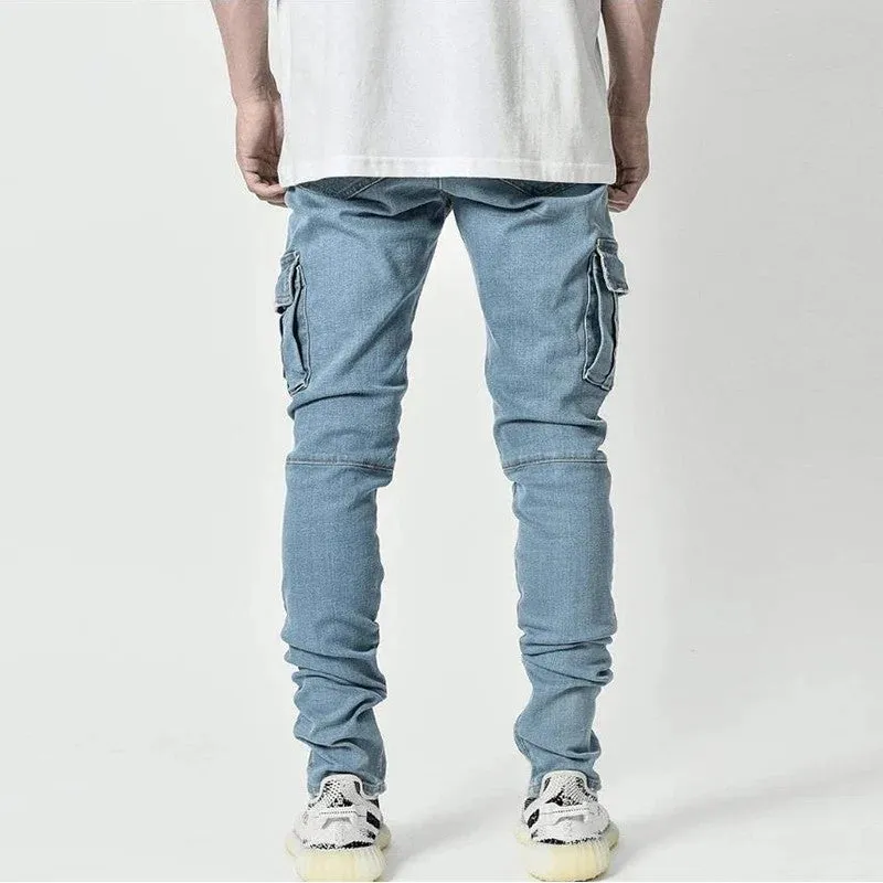 Men's Cargo Pants Trendy Slim Fit Skinny Jeans Korean Style Fashionable Personality Jogger Pants Ins Tight Pocket Pants
