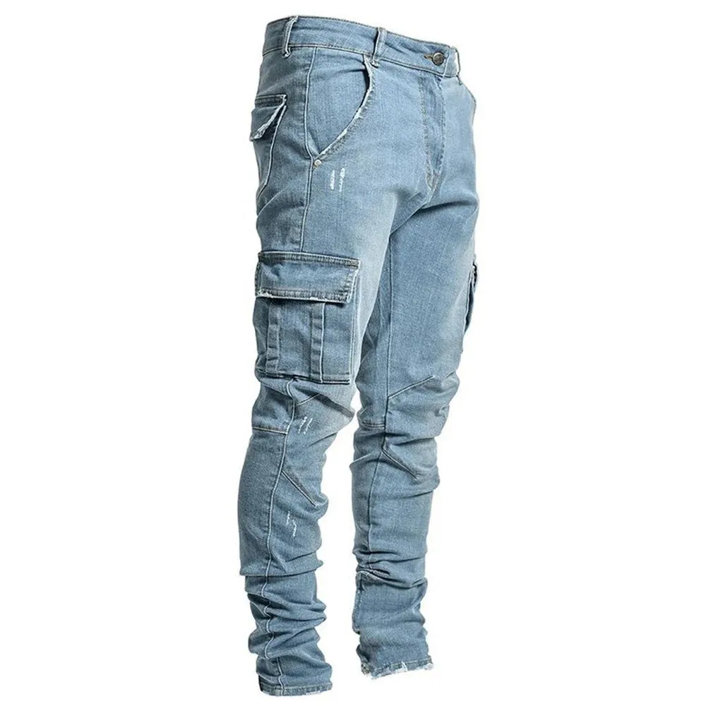 Men's Cargo Pants Trendy Slim Fit Skinny Jeans Korean Style Fashionable Personality Jogger Pants Ins Tight Pocket Pants