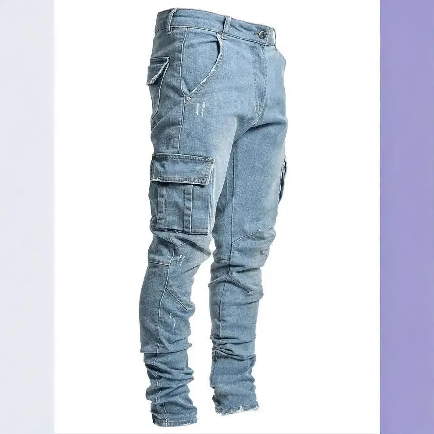 Men's Cargo Pants Trendy Slim Fit Skinny Jeans Korean Style Fashionable Personality Jogger Pants Ins Tight Pocket Pants