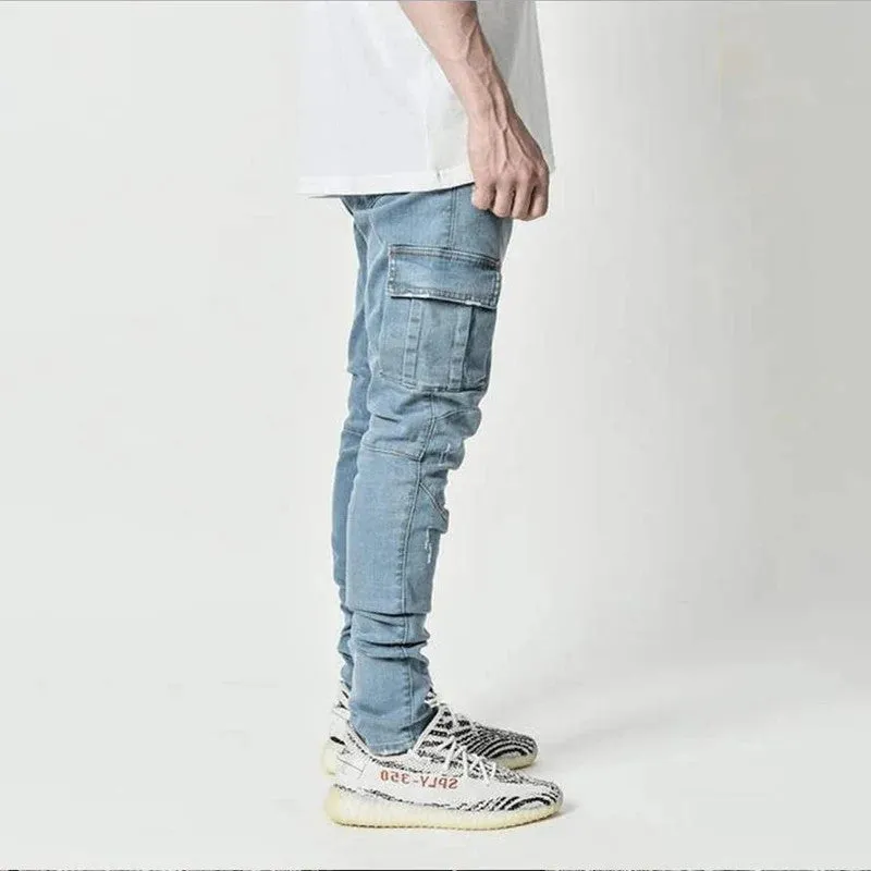 Men's Cargo Pants Trendy Slim Fit Skinny Jeans Korean Style Fashionable Personality Jogger Pants Ins Tight Pocket Pants