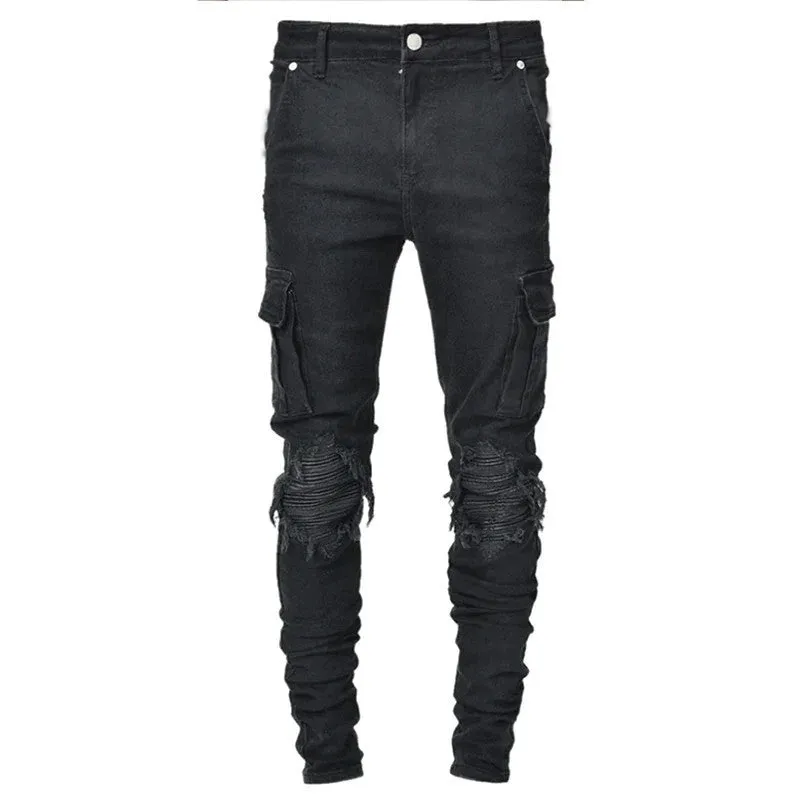 Men's Cargo Pants Trendy Slim Fit Skinny Jeans Korean Style Fashionable Personality Jogger Pants Ins Tight Pocket Pants