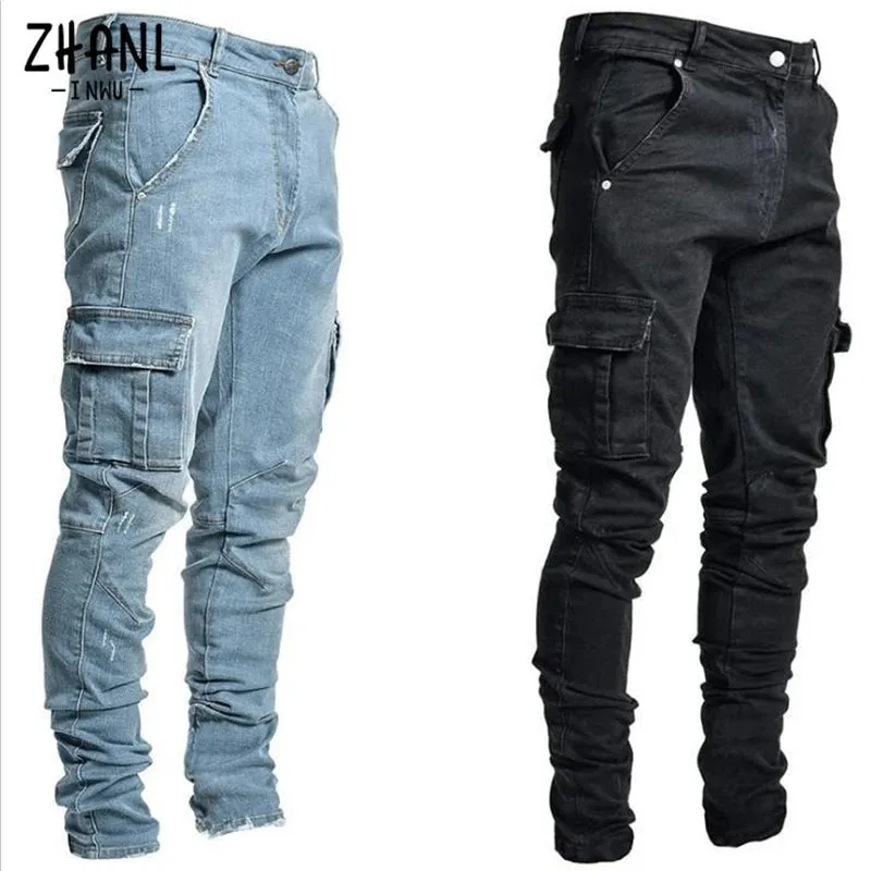 Men's Cargo Pants Trendy Slim Fit Skinny Jeans Korean Style Fashionable Personality Jogger Pants Ins Tight Pocket Pants