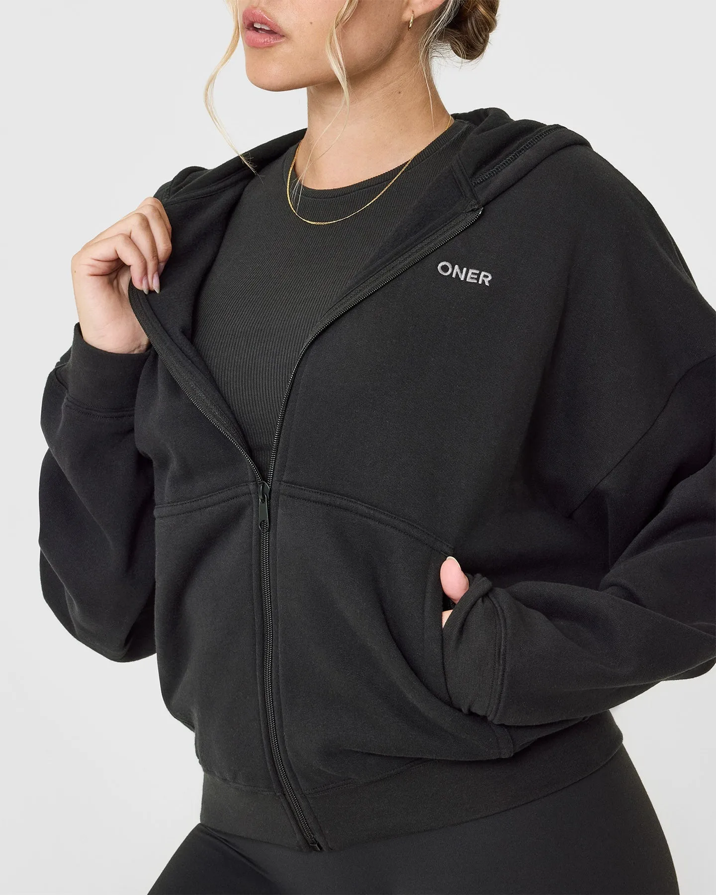 Mid Weight Zip Through Hoodie | Soft Black
