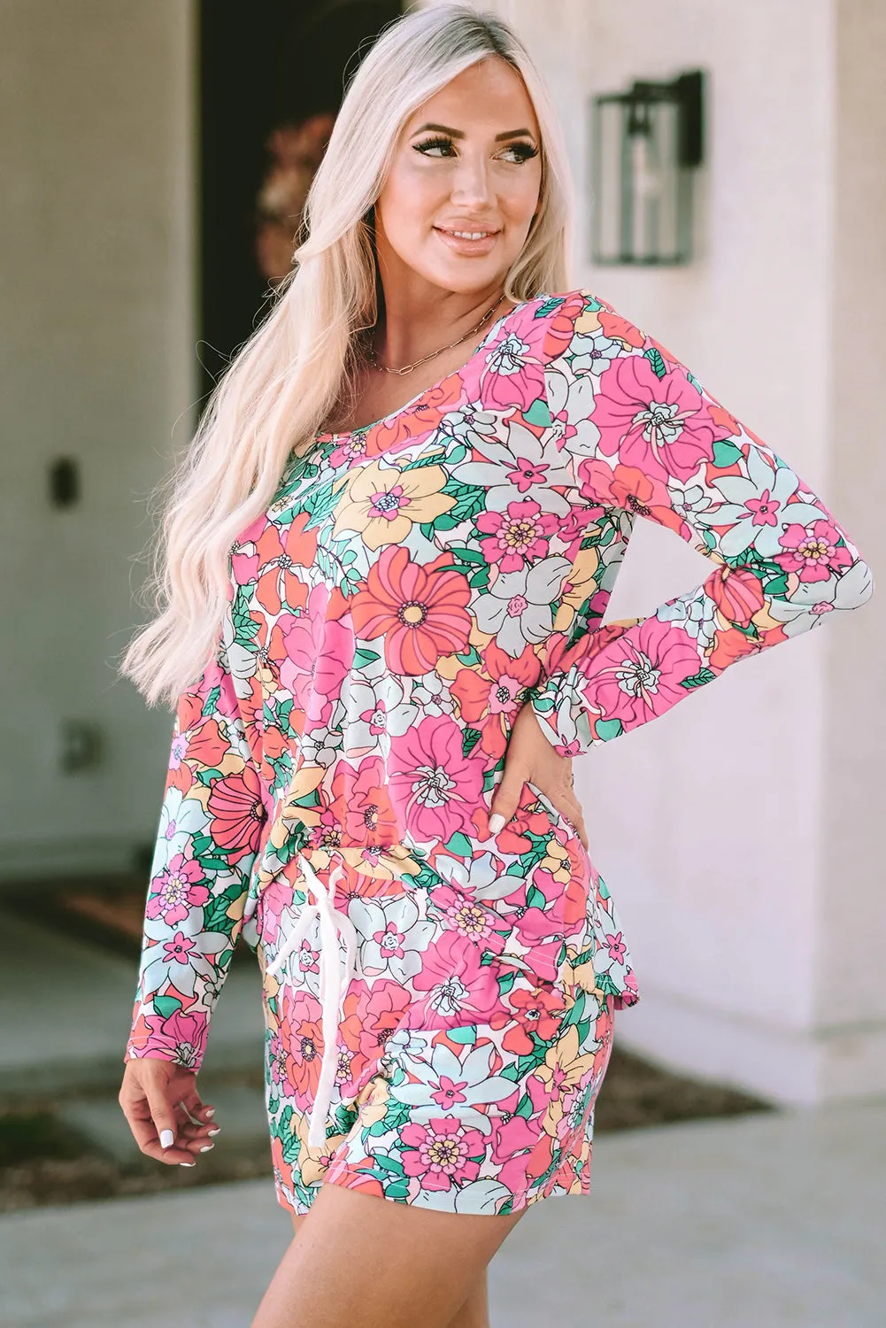 Multicolor Flower Print Pullover and Drawstring Shorts Lounge Set
