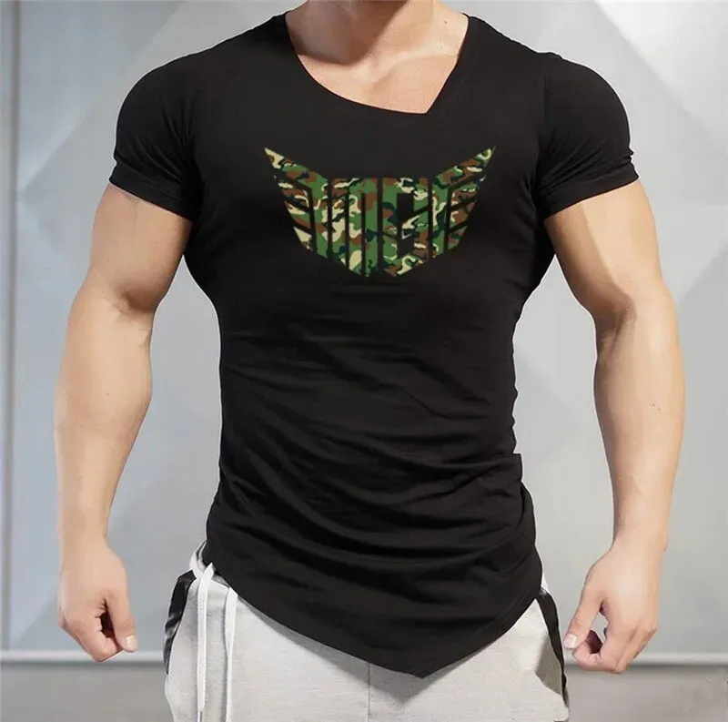 Muscleguys Brand Letters print Mens T-Shirts Fitness gyms Clothing Workout V neck TShirt Cotton Bodybuilding T Shirt Men