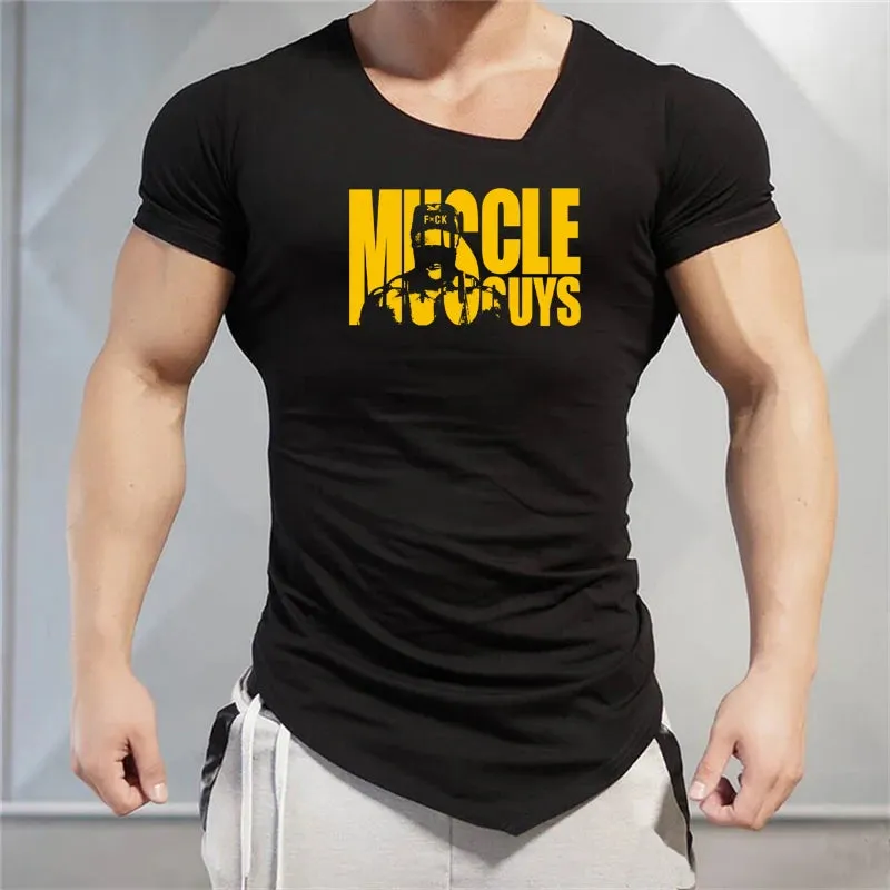 Muscleguys Brand Letters print Mens T-Shirts Fitness gyms Clothing Workout V neck TShirt Cotton Bodybuilding T Shirt Men