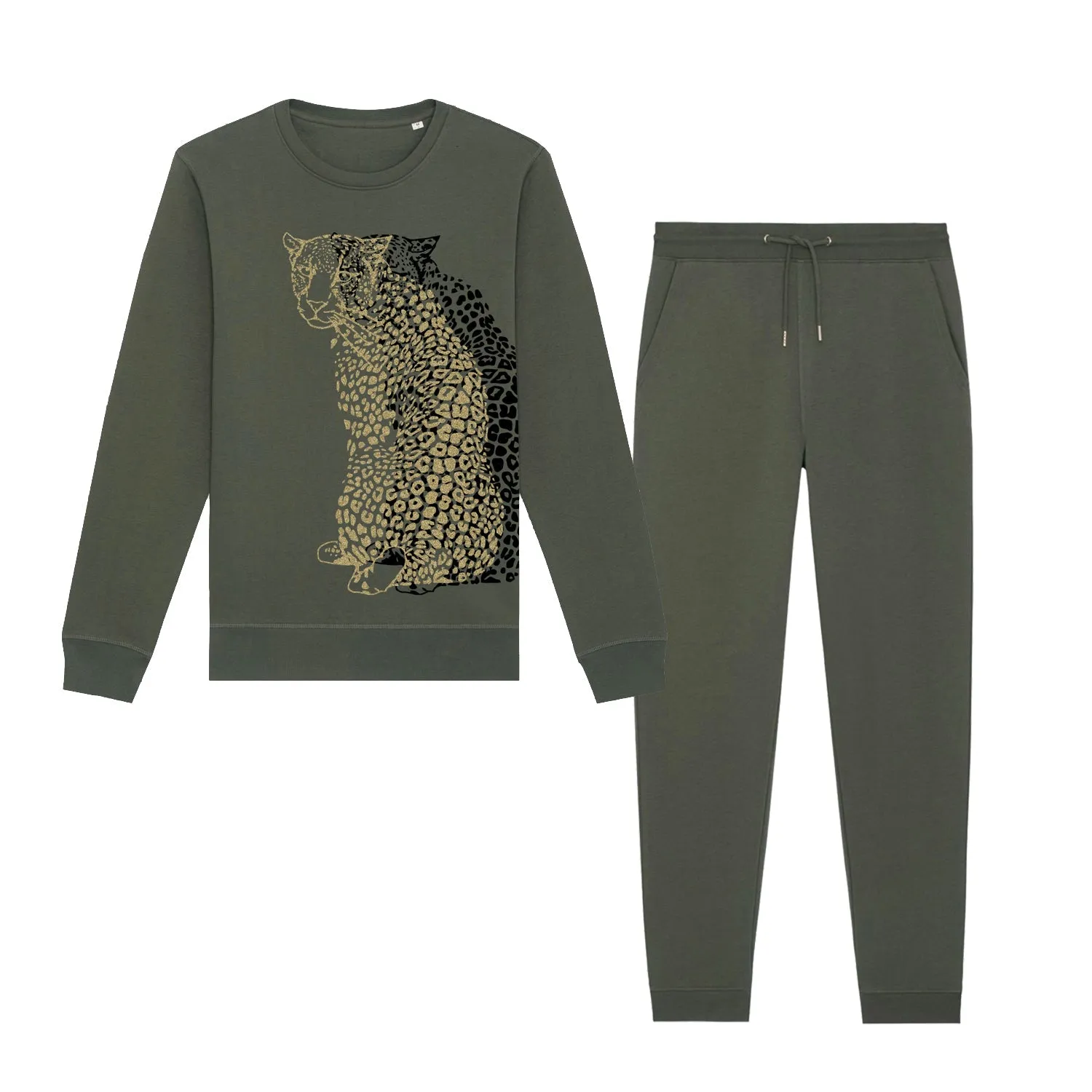 Organic Cotton Unisex Tracksuit | Gold & black leopard on Khaki