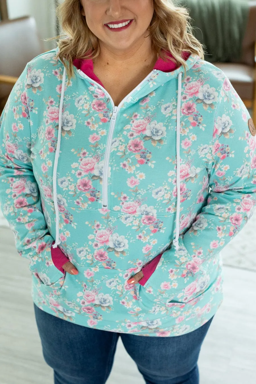 PHC- Bright Aqua Floral Halfzip w/Pink Accents