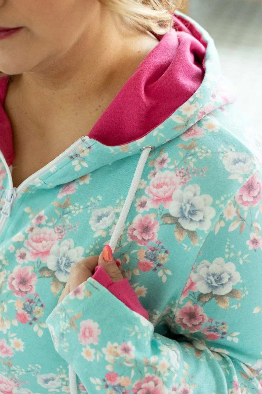 PHC- Bright Aqua Floral Halfzip w/Pink Accents