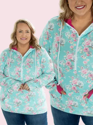 PHC- Bright Aqua Floral Halfzip w/Pink Accents