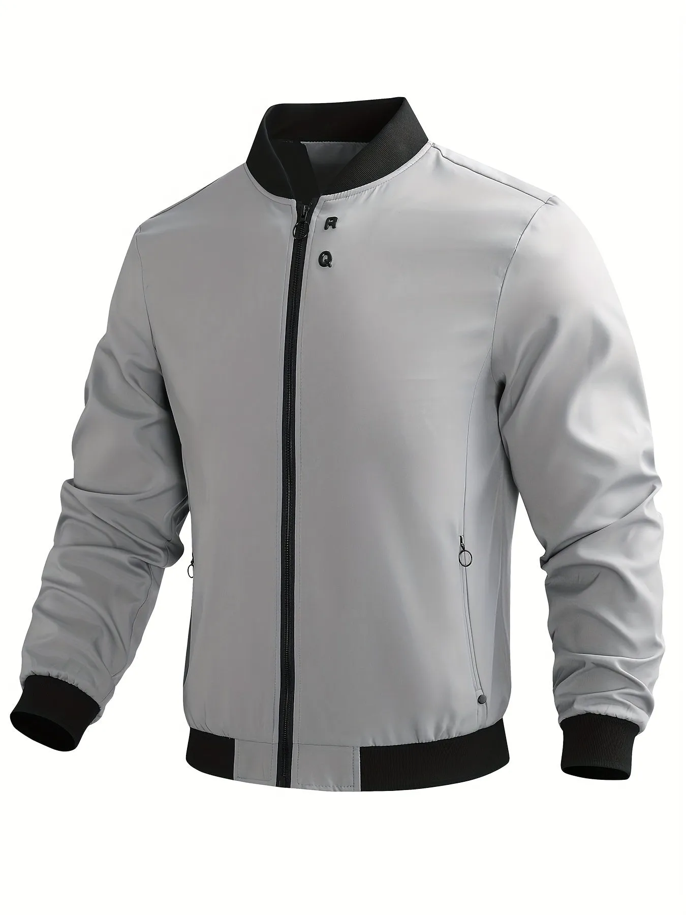 Plus Size Men's Windproof Casual Jacket, Trendy Loose Zipper Solid Bomber Windbreaker