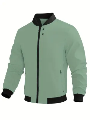 Plus Size Men's Windproof Casual Jacket, Trendy Loose Zipper Solid Bomber Windbreaker