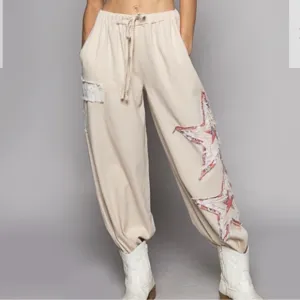 POL Cream and Pink Jogger Pants with Star Floral Print
