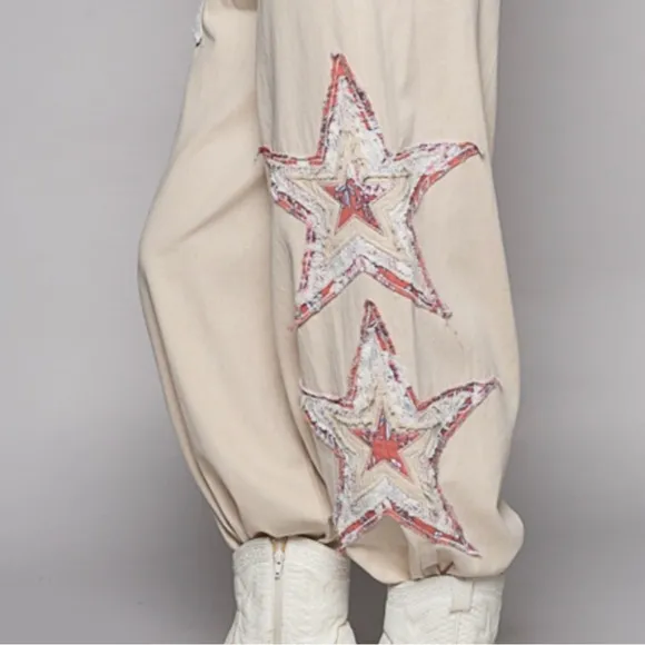 POL Cream and Pink Jogger Pants with Star Floral Print