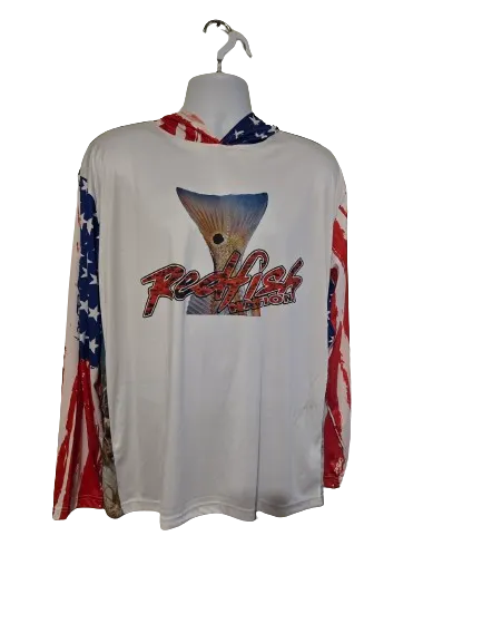Redfish Nation Performance Long Sleeve Shirt Hooded US Flag Red