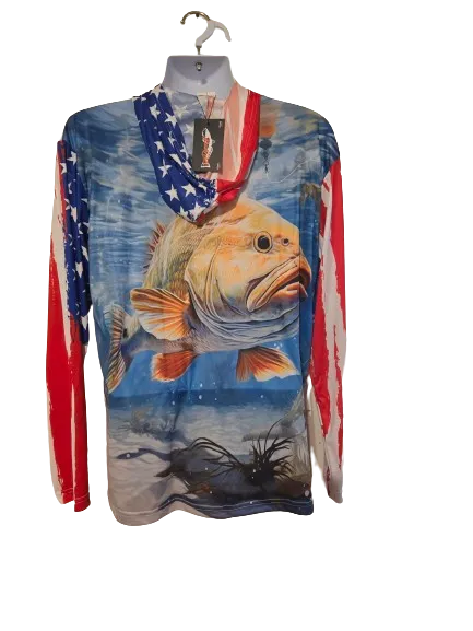 Redfish Nation Performance Long Sleeve Shirt Hooded US Flag Red