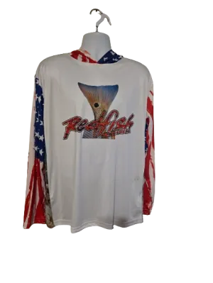Redfish Nation Performance Long Sleeve Shirt Hooded US Flag Red