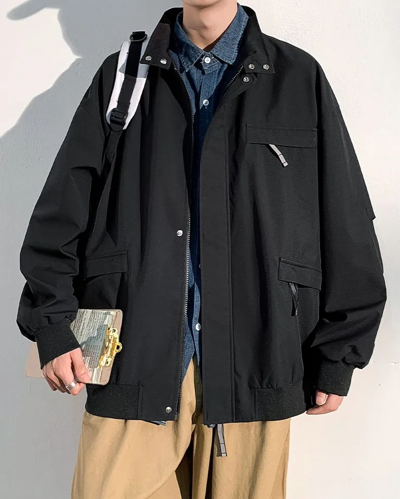 Relaxed-Fit Cargo Raincoat with Elastic Band Cuff and Full Zip