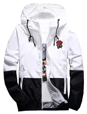 Rexcyril Men's Rose Floral Windbreaker Hooded Jacket Lightweight Solid Color Casual Full Zip Flower Coat Medium Black / White