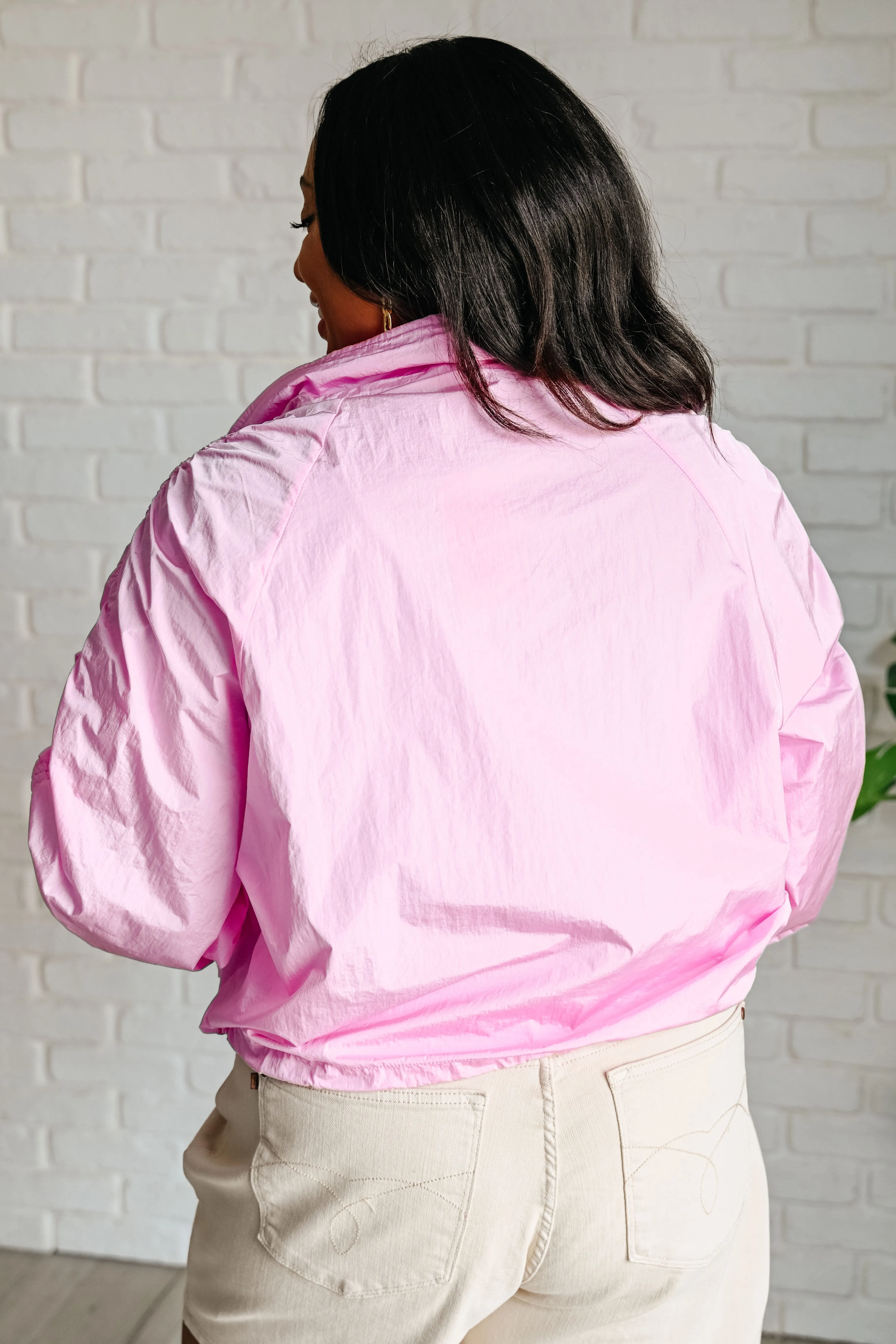 Rumi Pink Windbreaker - Lightweight Jacket, Ruched Sleeves, Adjustable Hem