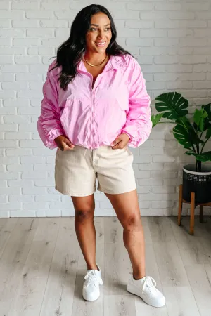 Rumi Pink Windbreaker - Lightweight Jacket, Ruched Sleeves, Adjustable Hem