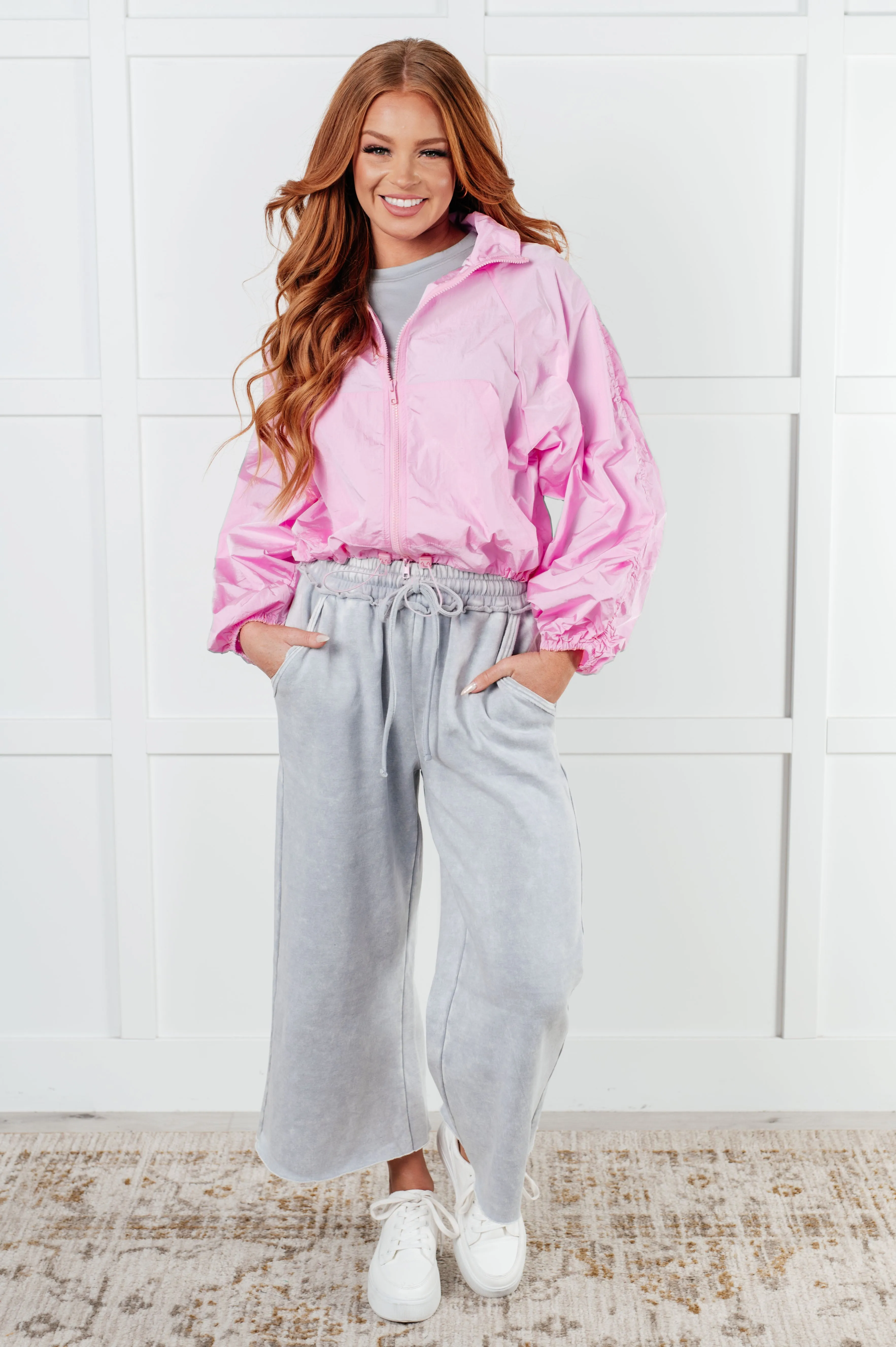 Rumi Pink Windbreaker - Lightweight Jacket, Ruched Sleeves, Adjustable Hem