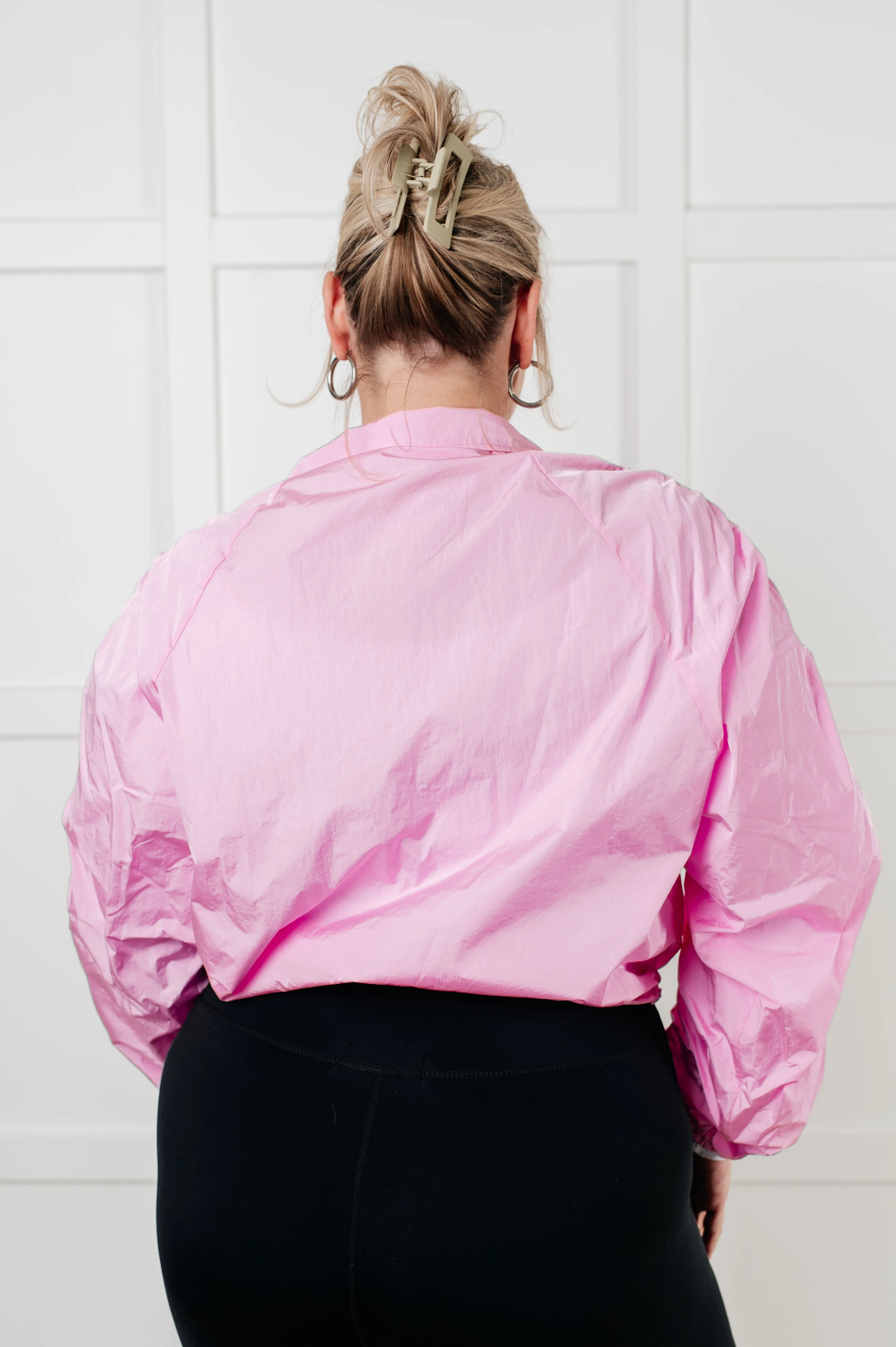 Rumi Pink Windbreaker - Lightweight Jacket, Ruched Sleeves, Adjustable Hem